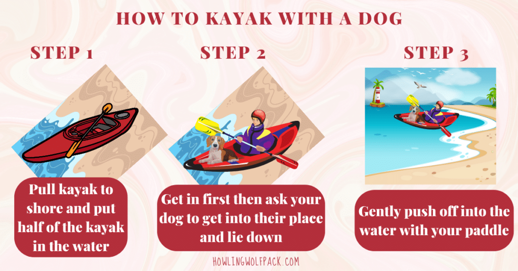 picture showing 3 steps of how to kayak with a dog to support the best dog kayak blog post