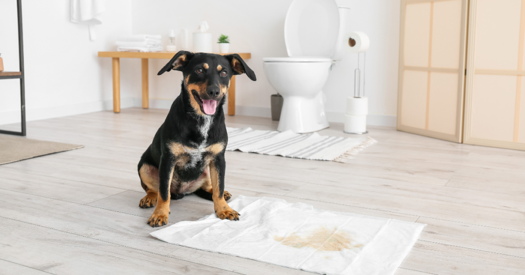 dog next to indoor dog potty to help with submissive urination in dogs